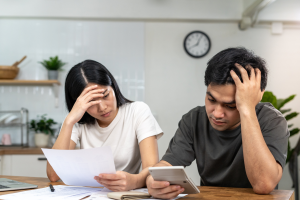 photo of a couple looking stressed and worries while reviewing bills. This illustrates cost of falling for estate planning myths in North Carolina