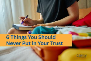 Image of a woman sitting in the background with a half-packed suitcase in the foreground. She's making a list. This symbolizes the idea of what to put in a trust and what not to put in a trust.