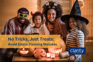 Photo of a family dressed up in silly Halloween Costumes. There's an overlay of text that reads "No Tricks, Just Treats: Avoid Estate Planning Mistakes"