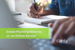 Photo of a person's hands. The person is typing on their laptop and writing in a notebook. This illustrates researching the difference between working with an estate planning attorney vs an online service.
