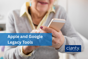 Image of an elderly woman using a smart phone with an overlay of the words Apple and Google Legacy Tools