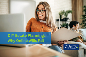 Image of a middle-aged woman working on a laptop with her husband on the couch in the background. The text overlay says "DIY Estate Planning: Why Online Wills Fail"