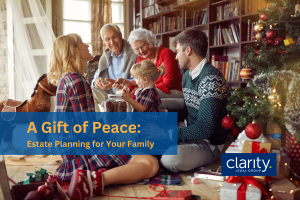image of a multi-generational family on Christmas morning. There's a text overlay that says "A gift of peace: estate planning for families."