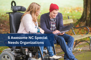 image of a young adult in a motorized wheelchair collaborating with an able bodied person. They're reading on an iPad to illustrate learning about special needs planning in North Carolina. Overlaid are the words 5 Awesome NC Special Needs Organizations
