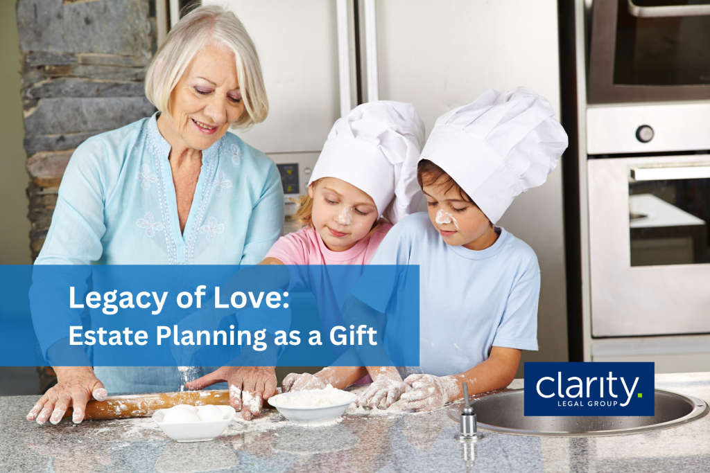 Image of a grandmother baking valentine's day cookies with her granddaughter and grandson. There is an overlay of the words "Legacy of Love: Estate Planning as a Gift"