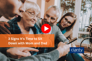 Image of adult children sitting with an elderly mother to talk about estate planning for aging parents. There's an overlay of text that says "3 Signs it's Time to Sit Down with Mom and Dad"