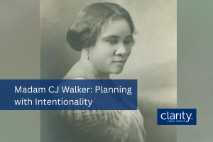 Portrait of Madam CJ Walker with an overlay of the words "Madam CJ Walker: Planning with Intentionality"