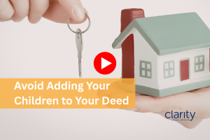 Image of a person handing a house key to another person holding a small model home in their hands. This symbolizes adding children to deed.