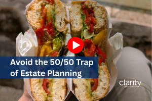 Image of a person holding a sandwich split down the middle to illustrate the idea of the 50/50 estate planning trap and address the question "is equal really fair"?