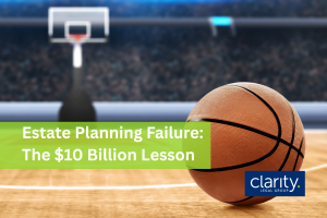 Image of a basketball on an empty court with a hoop and crowd of people in the background. This is to illustrate the estate planning for family business lesson learned from the LA Lakers and the Buss Family.