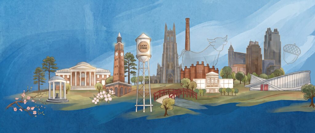 an illustrated banner image featuring local icons such as the lucky strike tower, the durham bull, the unc clock tower, the raleigh acorn